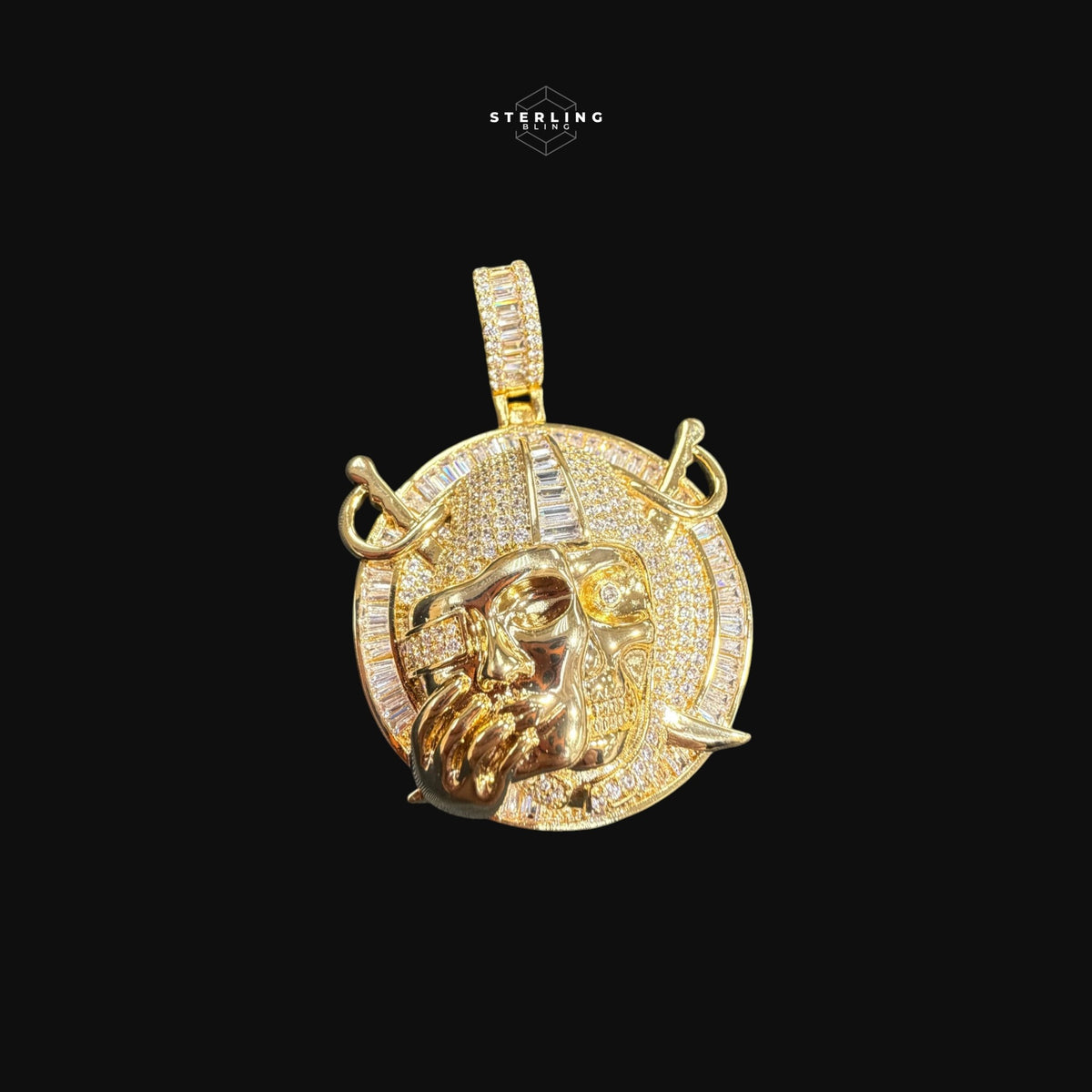 Iced Out Pirate Skull Pendant Necklace Gold CZ Baguette Hip Hop Skull Charm with Free Rope Chain