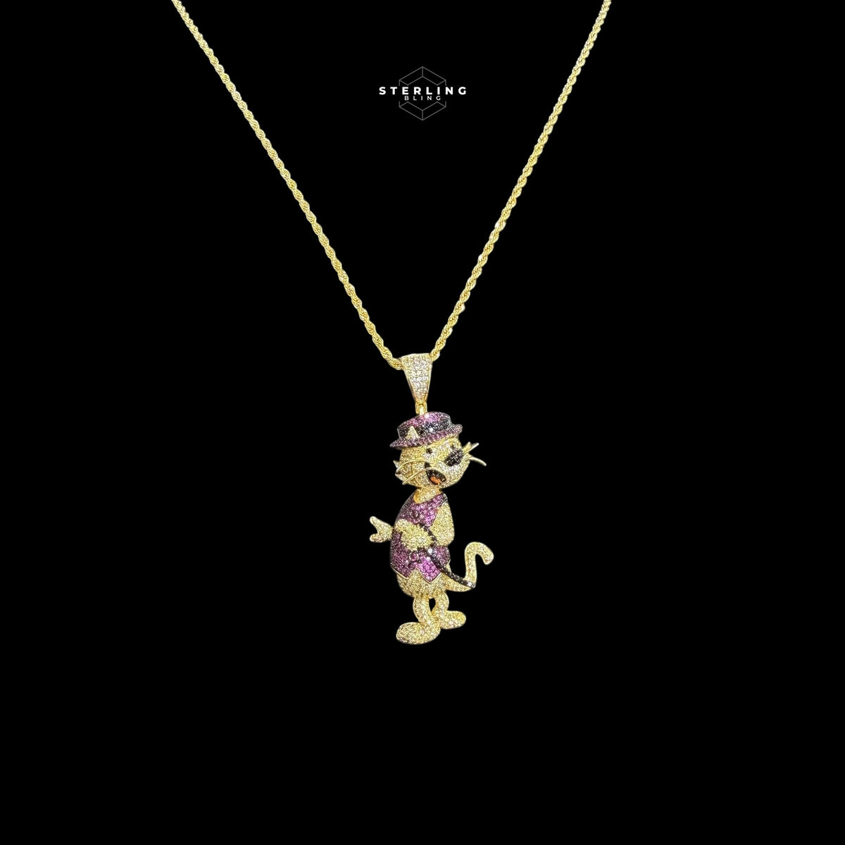 Cartoon Dog Iced 14K Gold Plated CZ + AntiTarnish Rope Chain