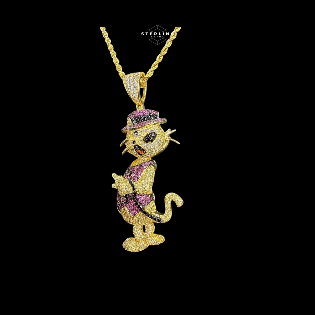 Cartoon Dog Iced 14K Gold Plated CZ + AntiTarnish Rope Chain