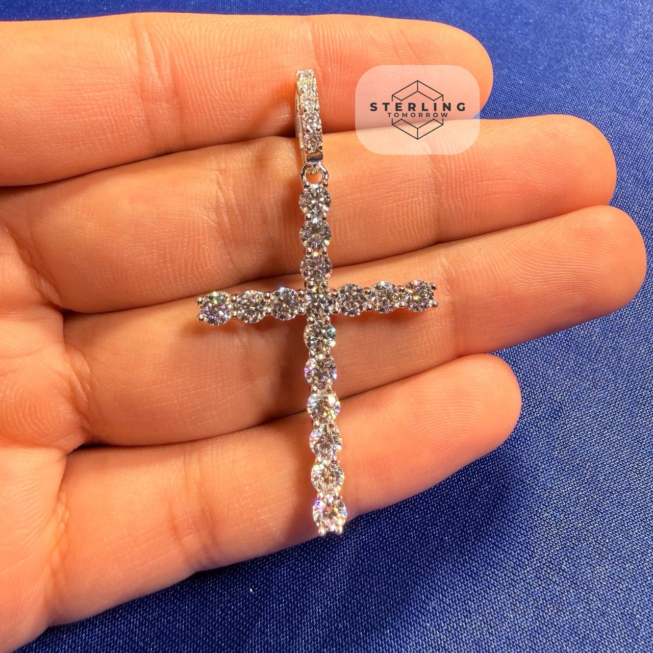 Moissanite Tennis Cross Pendant 925 Silver Iced Out + Steel Rope Chain Gift Men