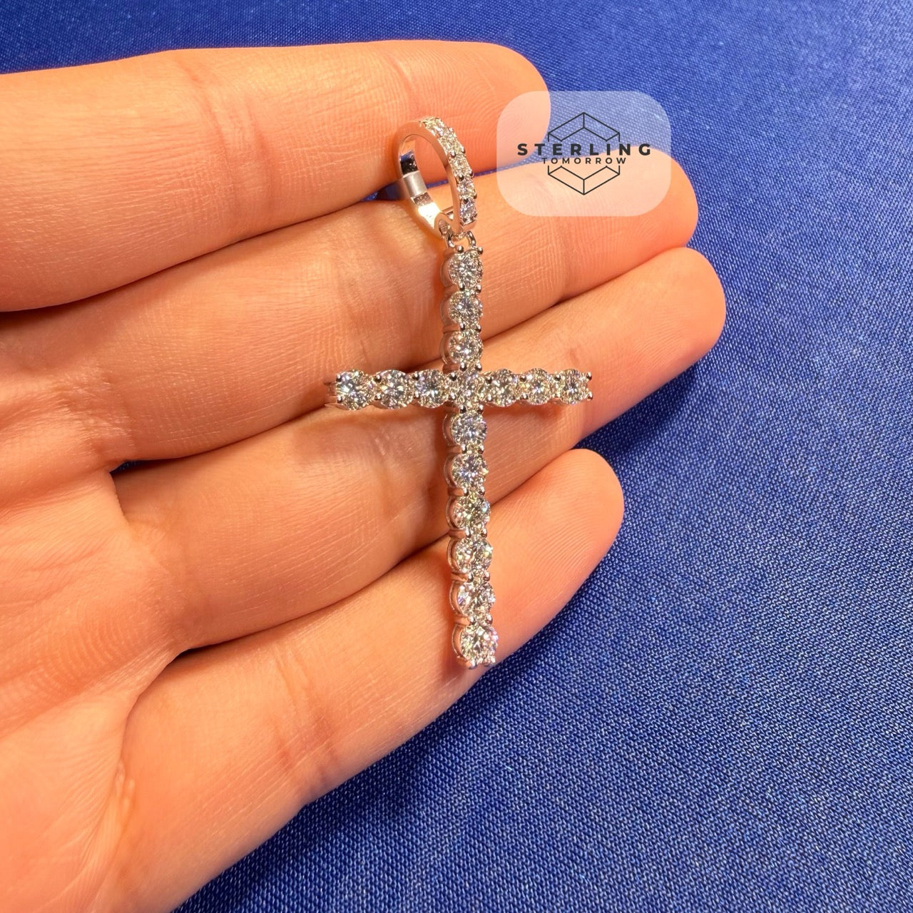 Moissanite Tennis Cross Pendant 925 Silver Iced Out + Steel Rope Chain Gift Men