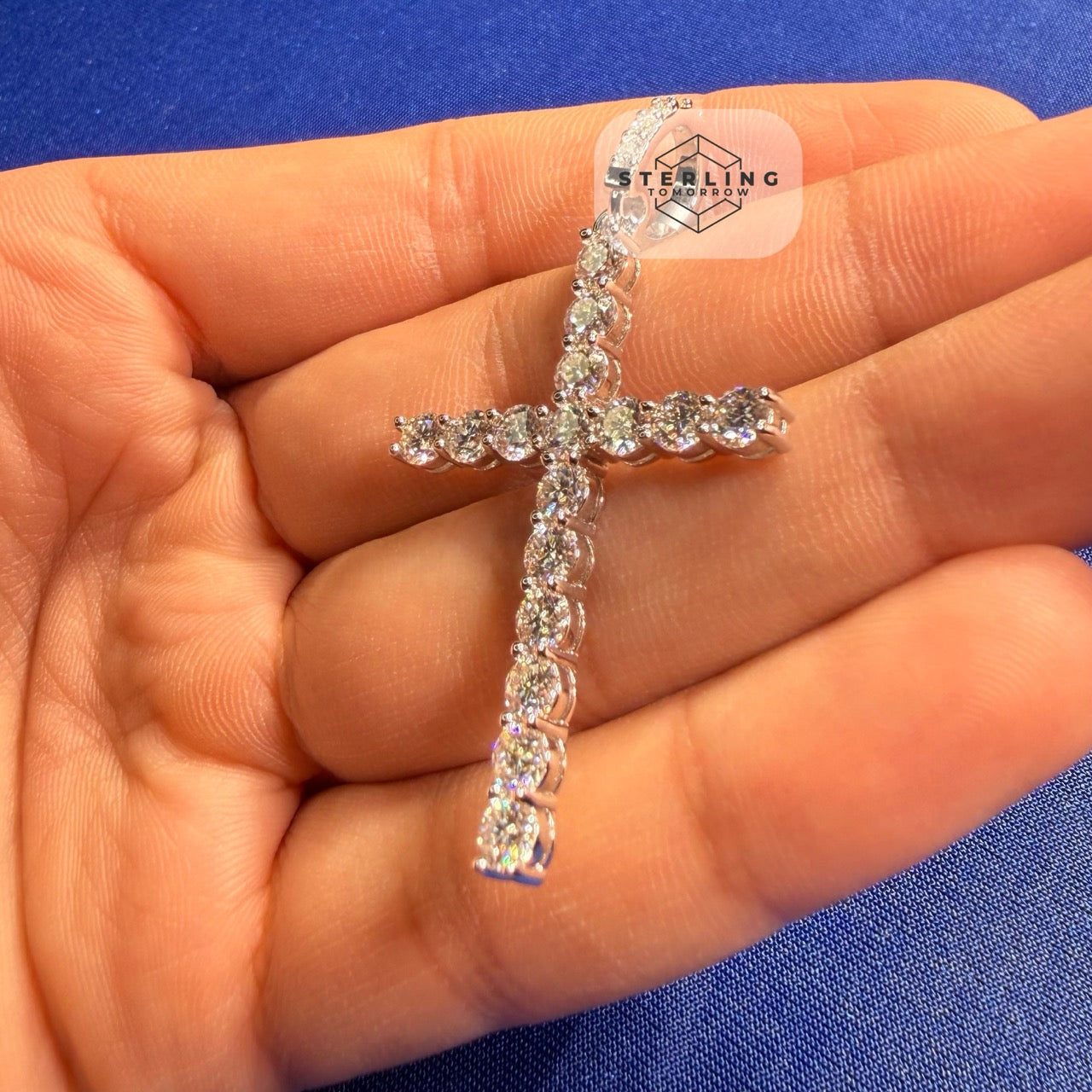 Moissanite Tennis Cross Pendant 925 Silver Iced Out + Steel Rope Chain Gift Men