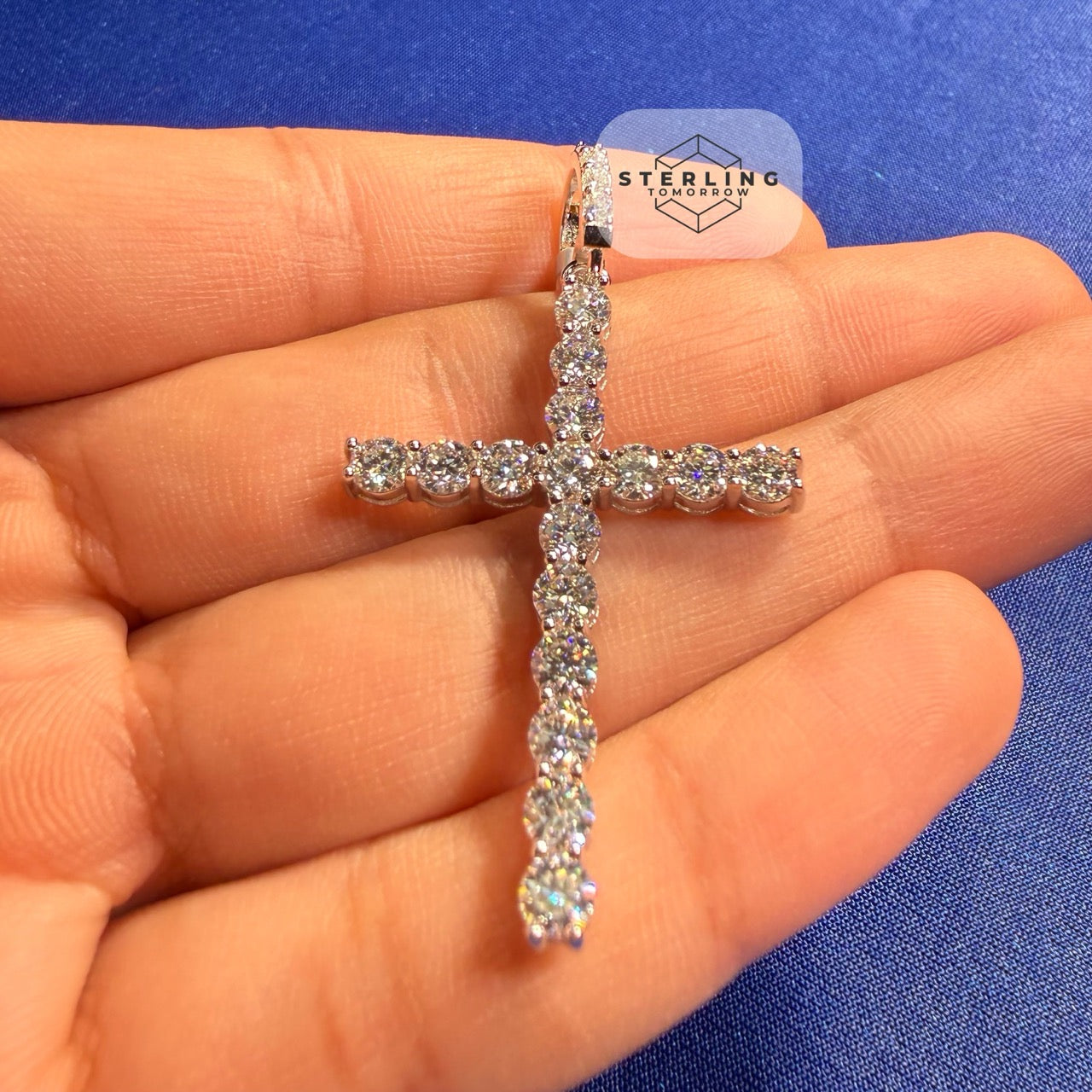 Moissanite Tennis Cross Pendant 925 Silver Iced Out + Steel Rope Chain Gift Men