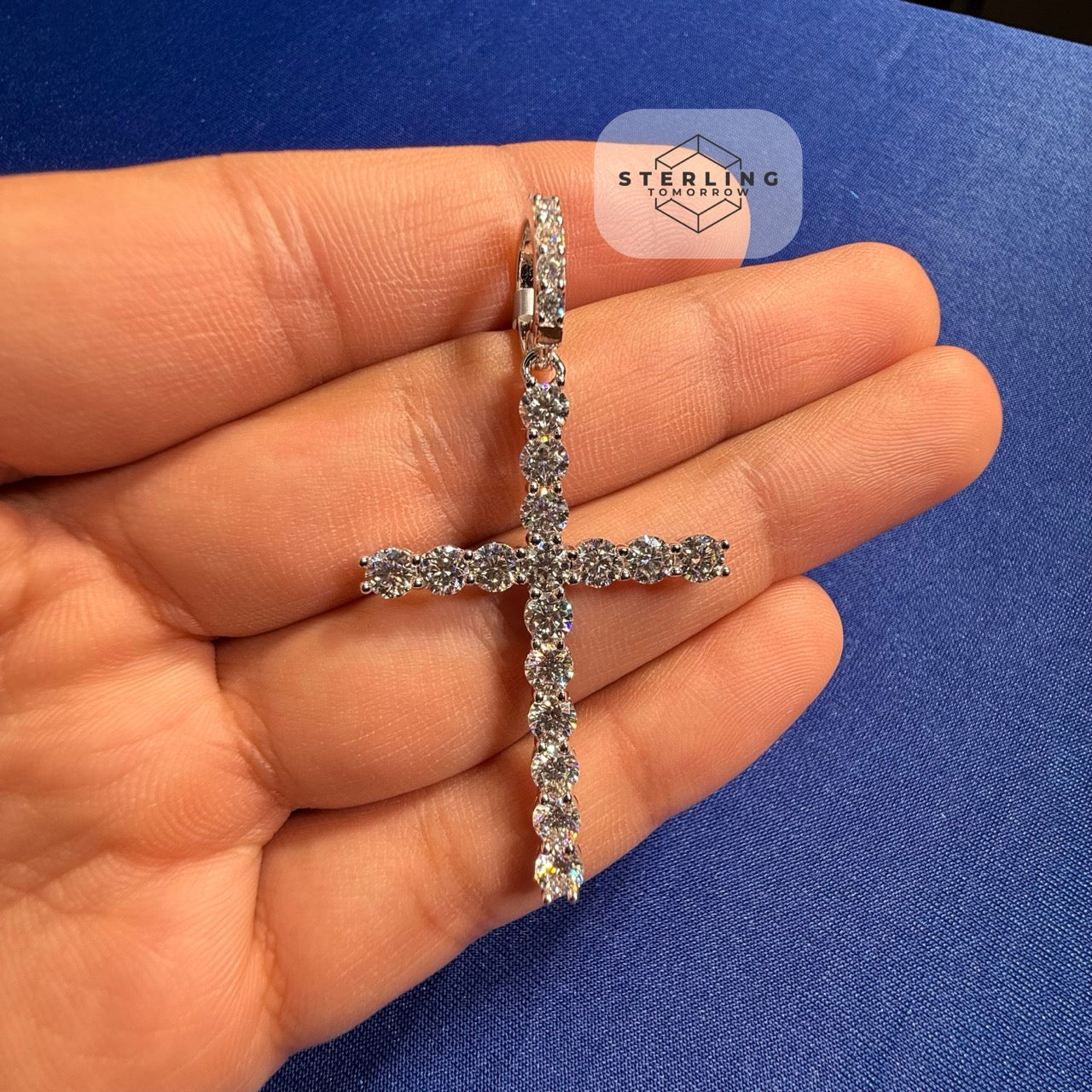 Moissanite Tennis Cross Pendant 925 Silver Iced Out + Steel Rope Chain Gift Men