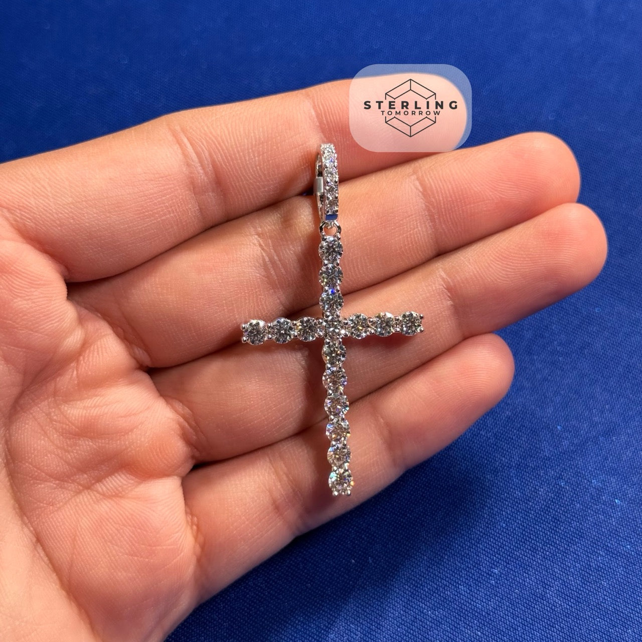 Moissanite Tennis Cross Pendant 925 Silver Iced Out + Steel Rope Chain Gift Men
