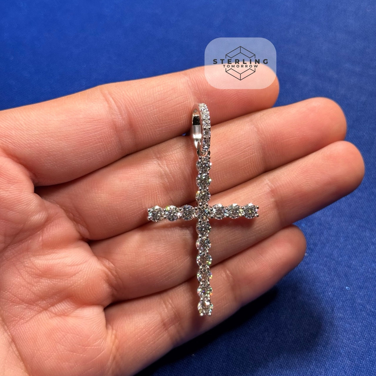 Moissanite Tennis Cross Pendant 925 Silver Iced Out + Steel Rope Chain Gift Men