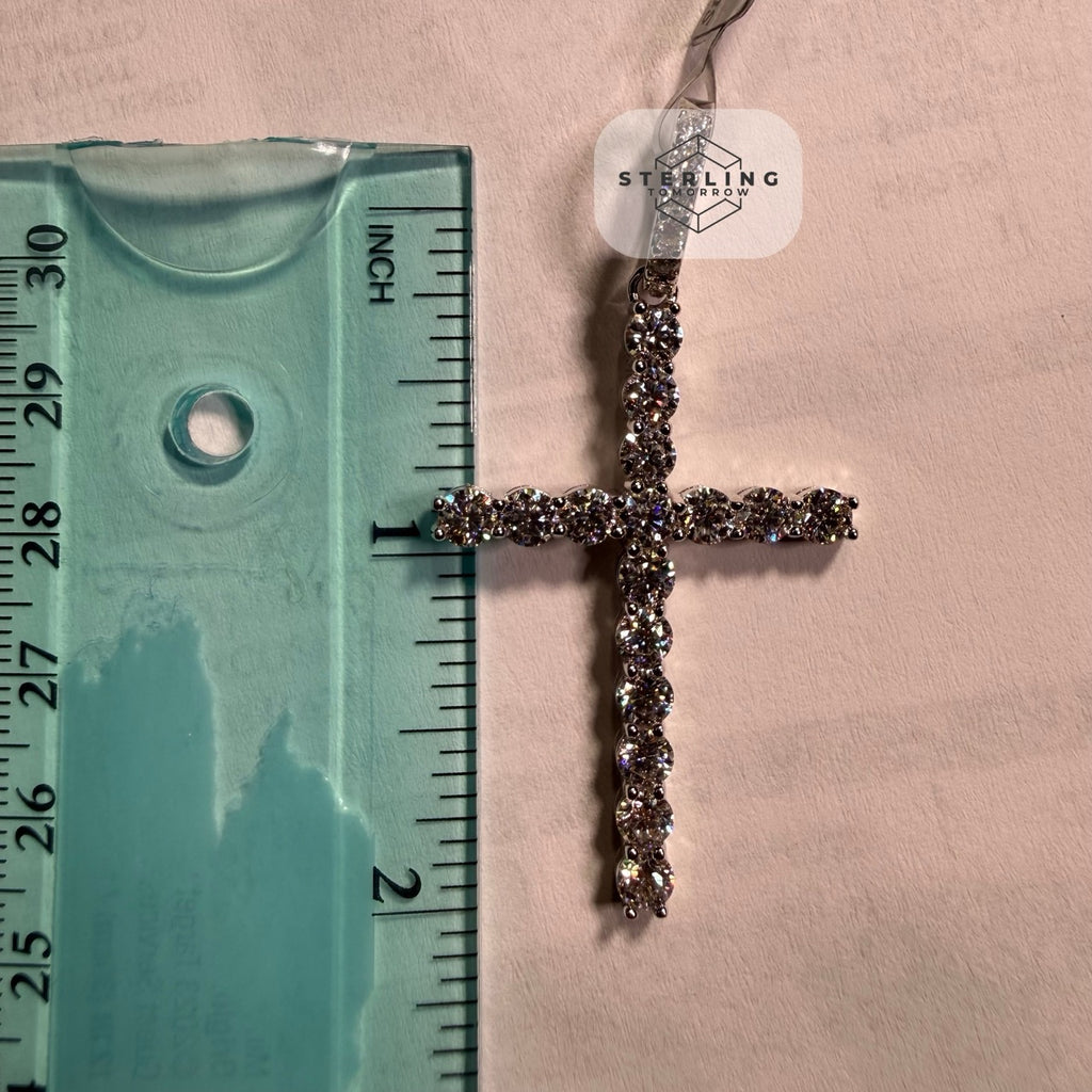 Moissanite Tennis Cross Pendant 925 Silver Iced Out + Steel Rope Chain Gift Men