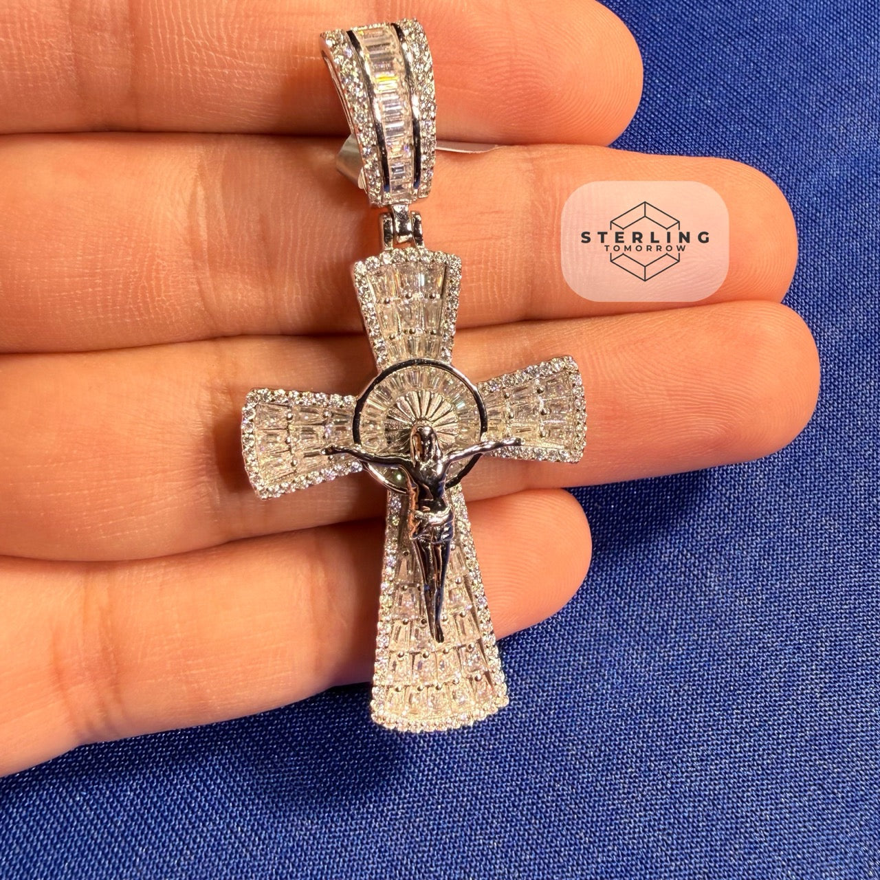 Moissanite Crucifix Cross Jesus Pendant 925 Silver Iced Out Steel Rope Chain