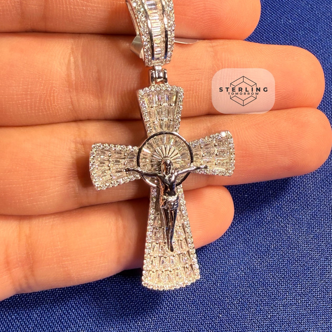 Moissanite Crucifix Cross Jesus Pendant 925 Silver Iced Out Steel Rope Chain