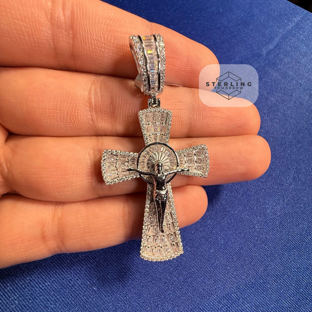 Moissanite Crucifix Cross Jesus Pendant 925 Silver Iced Out Steel Rope Chain