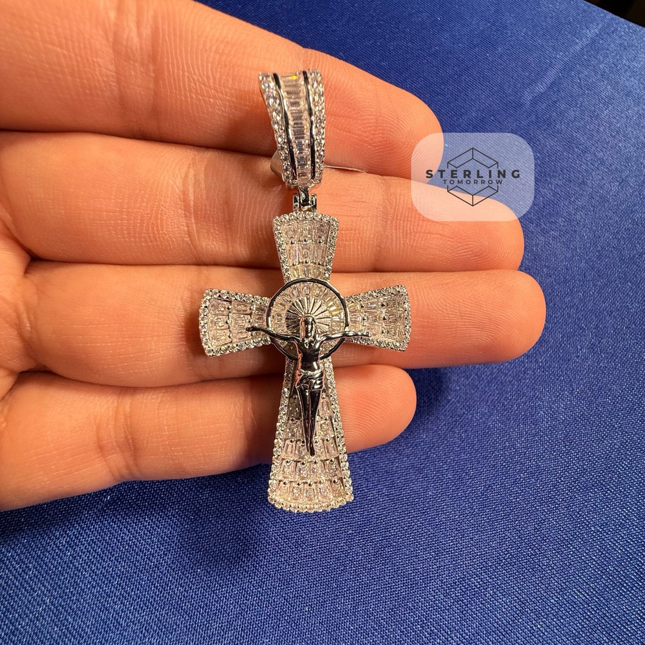 Moissanite Crucifix Cross Jesus Pendant 925 Silver Iced Out Steel Rope Chain