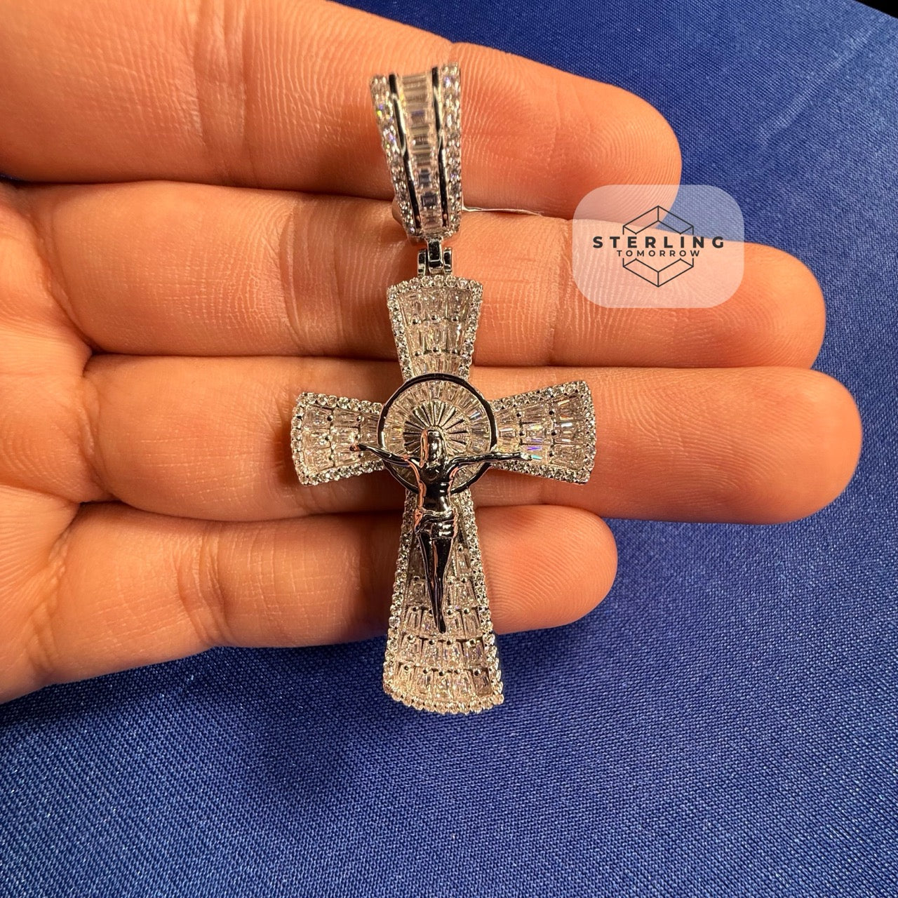 Moissanite Crucifix Cross Jesus Pendant 925 Silver Iced Out Steel Rope Chain