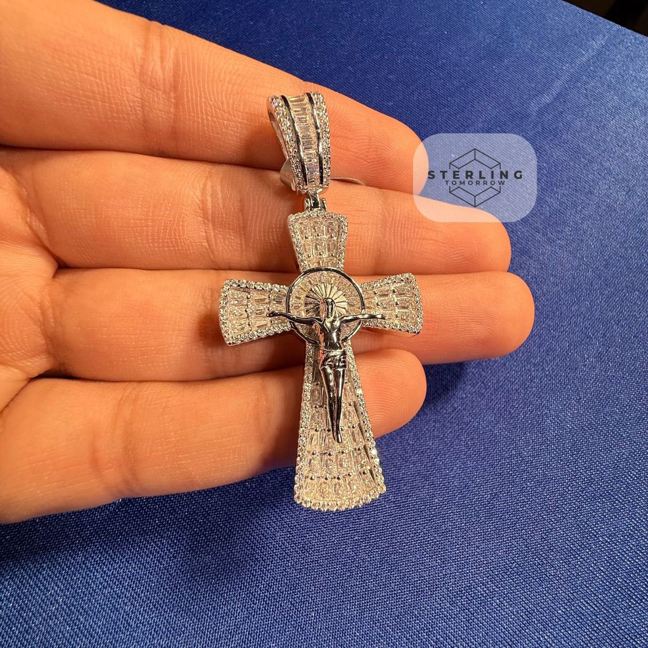 Moissanite Crucifix Cross Jesus Pendant 925 Silver Iced Out Steel Rope Chain