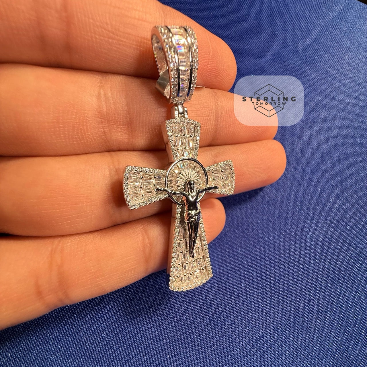 Moissanite Crucifix Cross Jesus Pendant 925 Silver Iced Out Steel Rope Chain