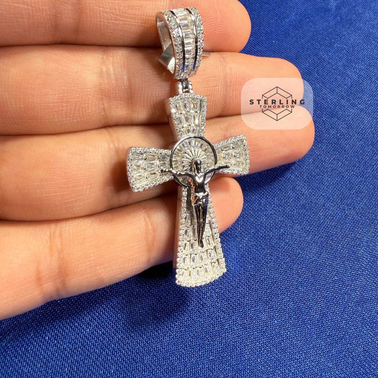 Moissanite Crucifix Cross Jesus Pendant 925 Silver Iced Out Steel Rope Chain