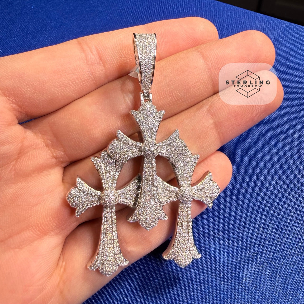 Moissanite Gothic Triple Cross Pendant 925 Silver Iced Out Steel Rope Chain