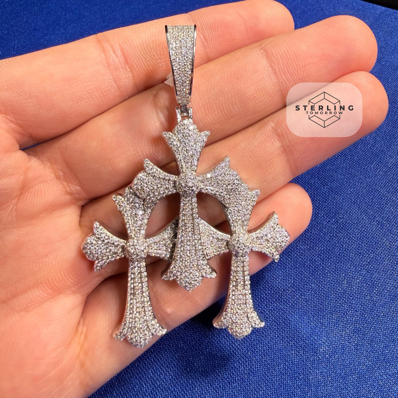 Moissanite Gothic Triple Cross Pendant 925 Silver Iced Out Steel Rope Chain