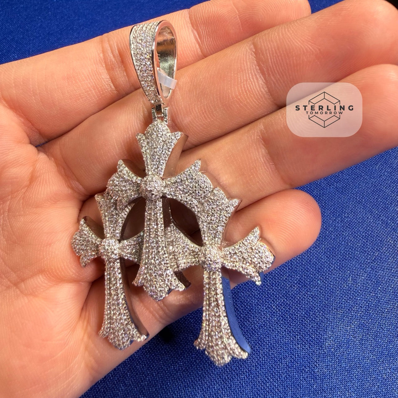Moissanite Gothic Triple Cross Pendant 925 Silver Iced Out Steel Rope Chain
