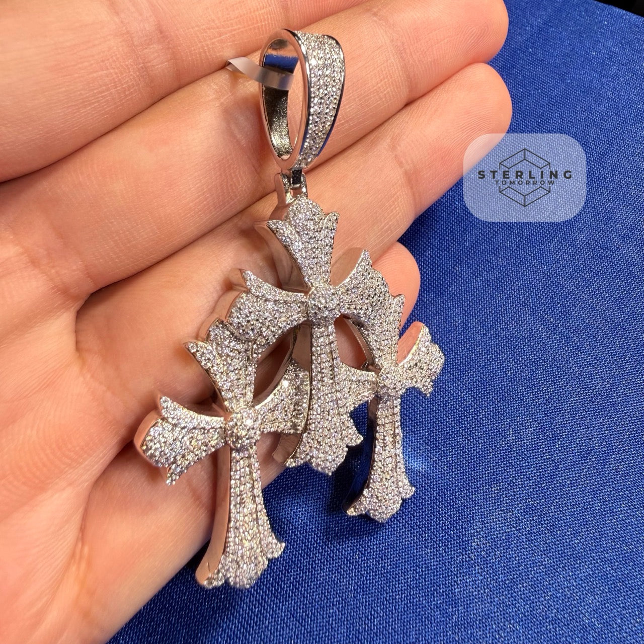Moissanite Gothic Triple Cross Pendant 925 Silver Iced Out Steel Rope Chain