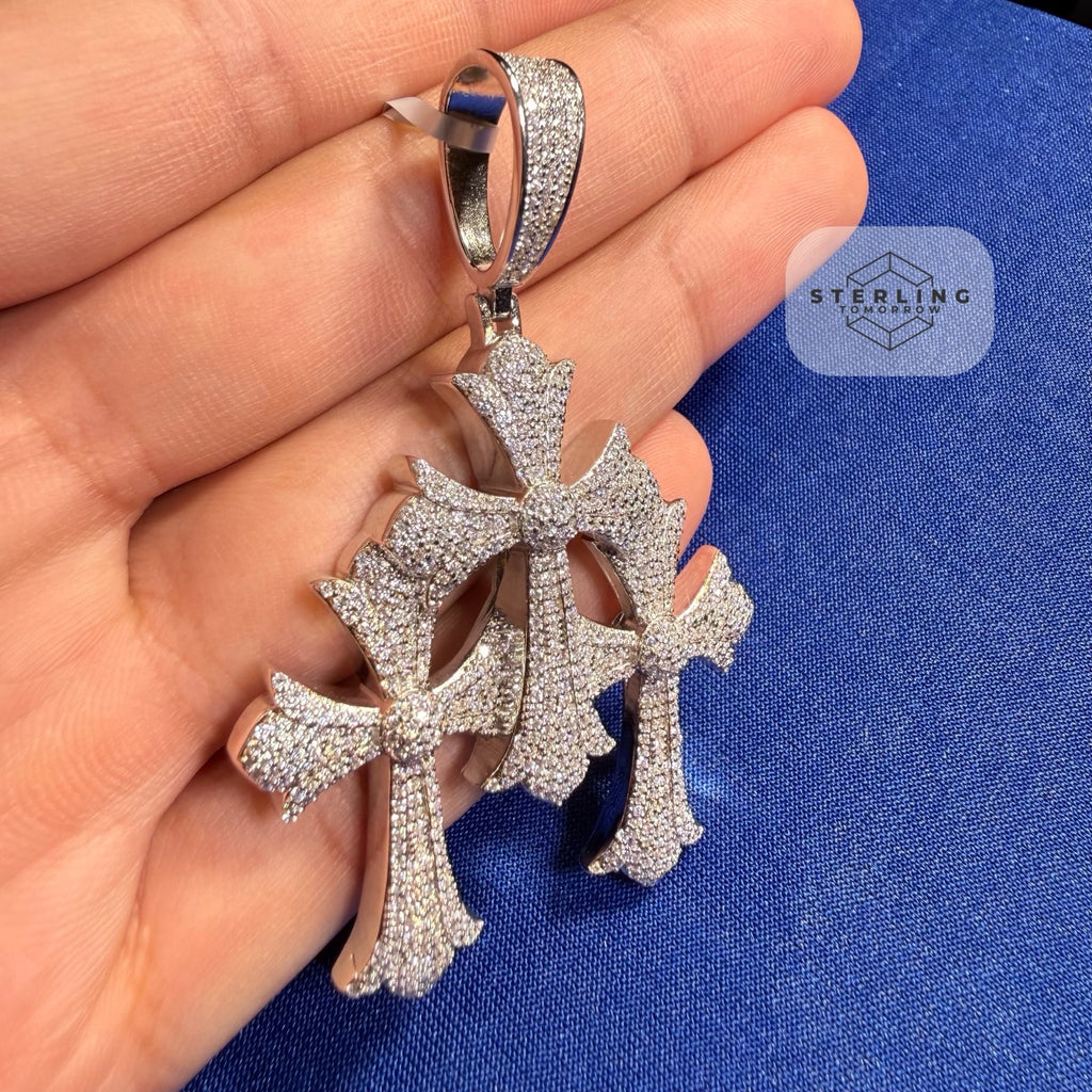 Moissanite Gothic Triple Cross Pendant 925 Silver Iced Out Steel Rope Chain