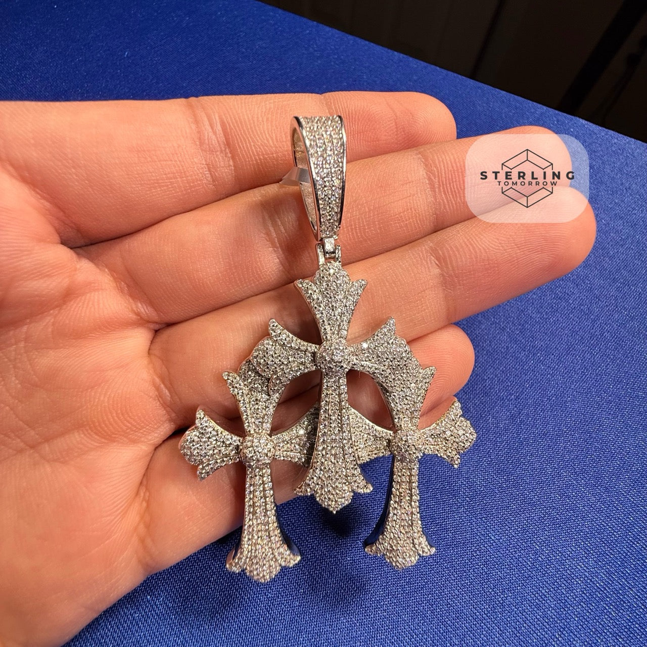 Moissanite Gothic Triple Cross Pendant 925 Silver Iced Out Steel Rope Chain