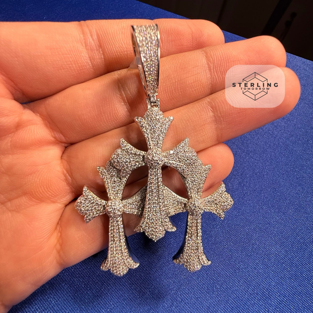 Moissanite Gothic Triple Cross Pendant 925 Silver Iced Out Steel Rope Chain