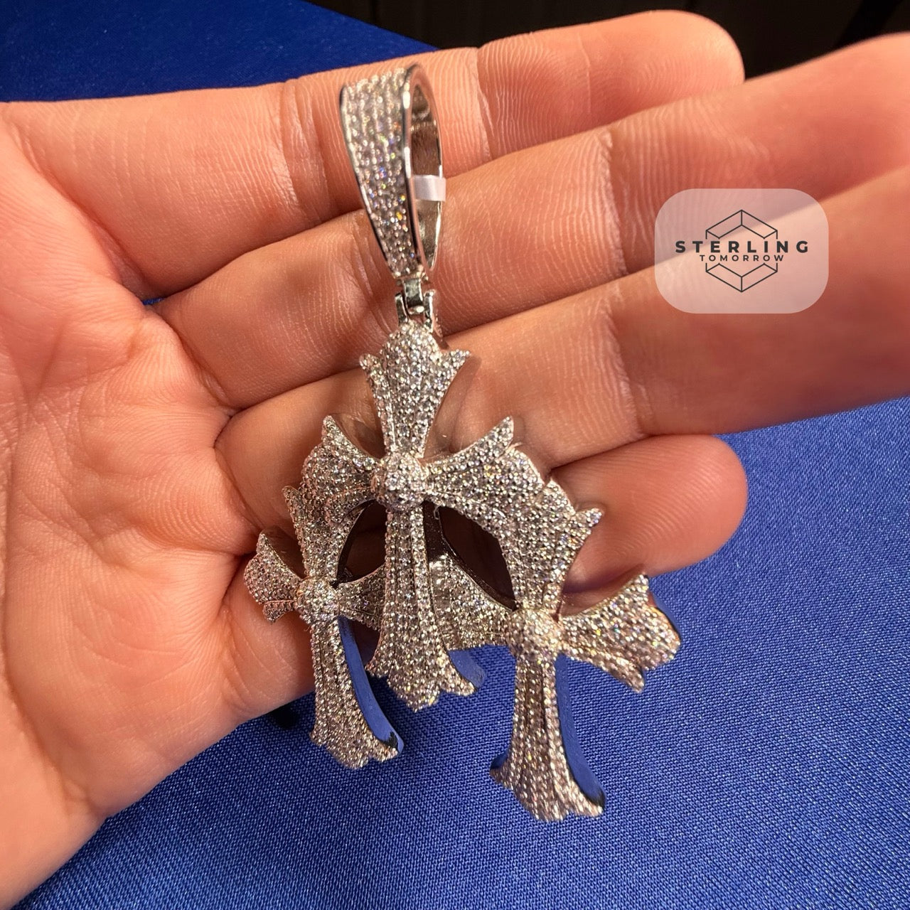 Moissanite Gothic Triple Cross Pendant 925 Silver Iced Out Steel Rope Chain