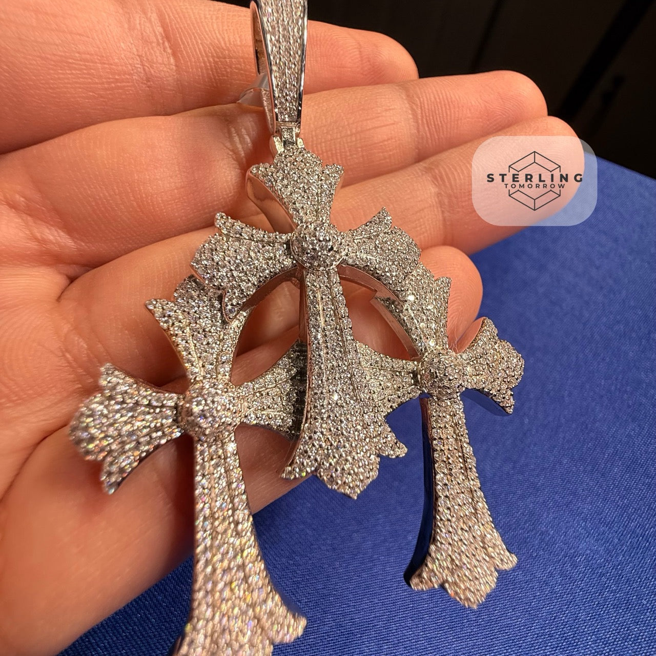 Moissanite Gothic Triple Cross Pendant 925 Silver Iced Out Steel Rope Chain