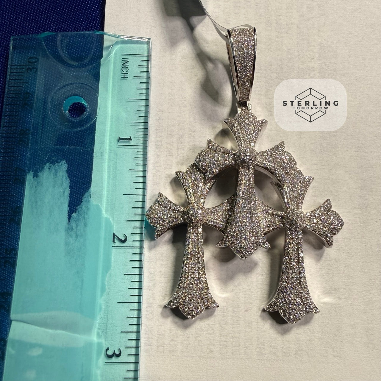 Moissanite Gothic Triple Cross Pendant 925 Silver Iced Out Steel Rope Chain