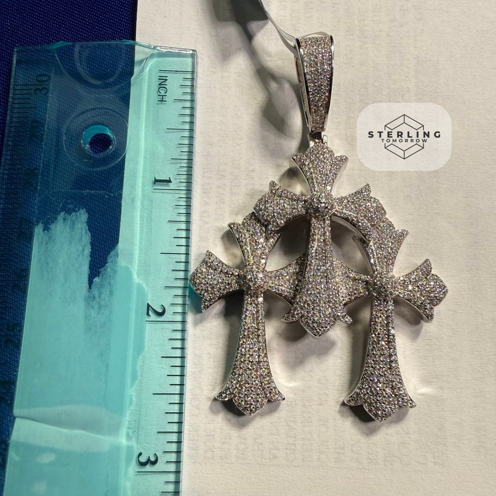 Moissanite Gothic Triple Cross Pendant 925 Silver Iced Out Steel Rope Chain