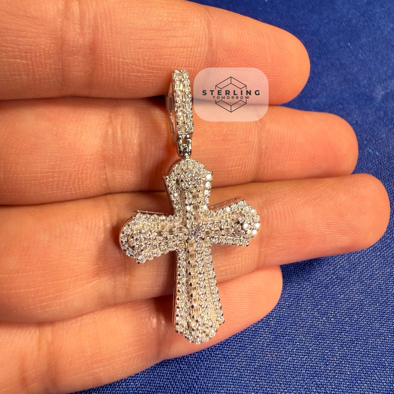 Moissanite VVS Iced Cross Pendant 925 Silver Free Steel Rope Chain Gift Men