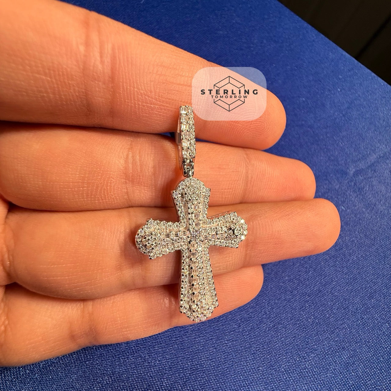 Moissanite VVS Iced Cross Pendant 925 Silver Free Steel Rope Chain Gift Men