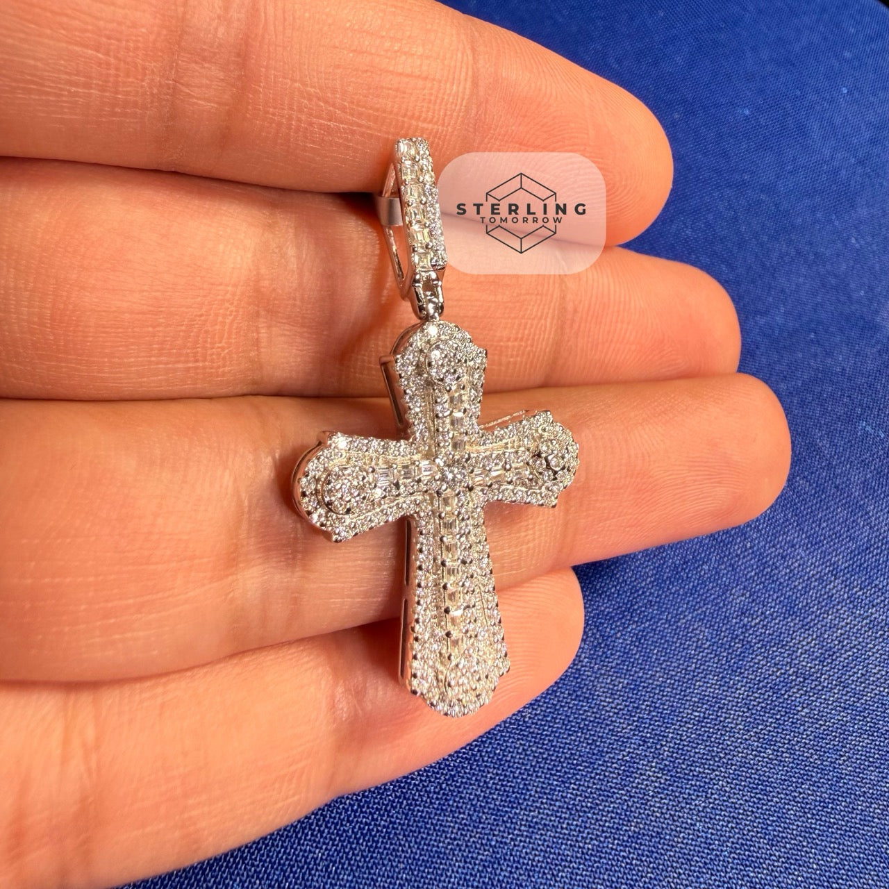 Moissanite VVS Iced Cross Pendant 925 Silver Free Steel Rope Chain Gift Men