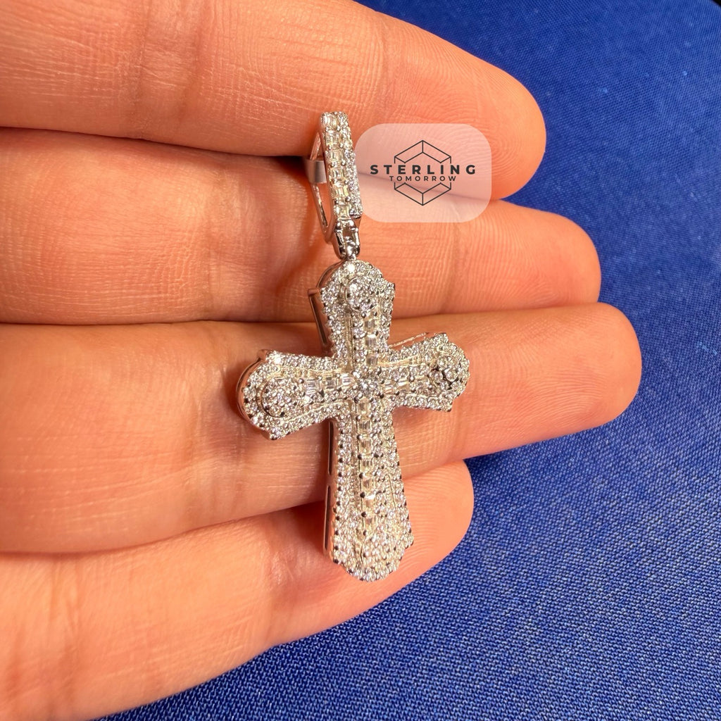 Moissanite VVS Iced Cross Pendant 925 Silver Free Steel Rope Chain Gift Men
