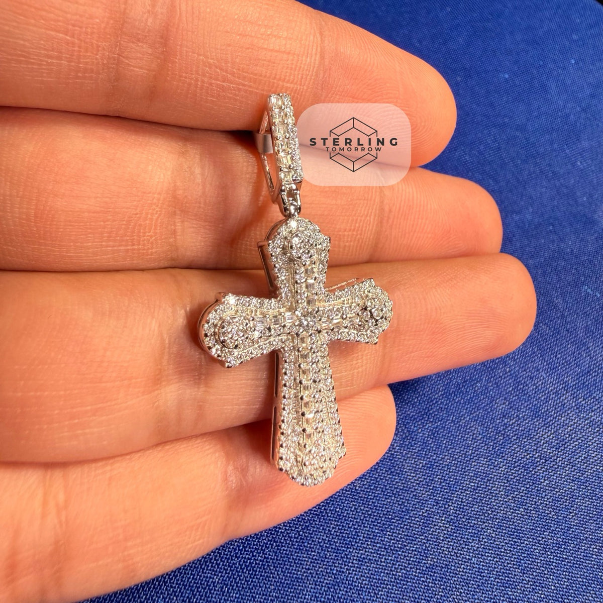 Moissanite VVS Iced Cross Pendant 925 Silver Free Steel Rope Chain Gift Men