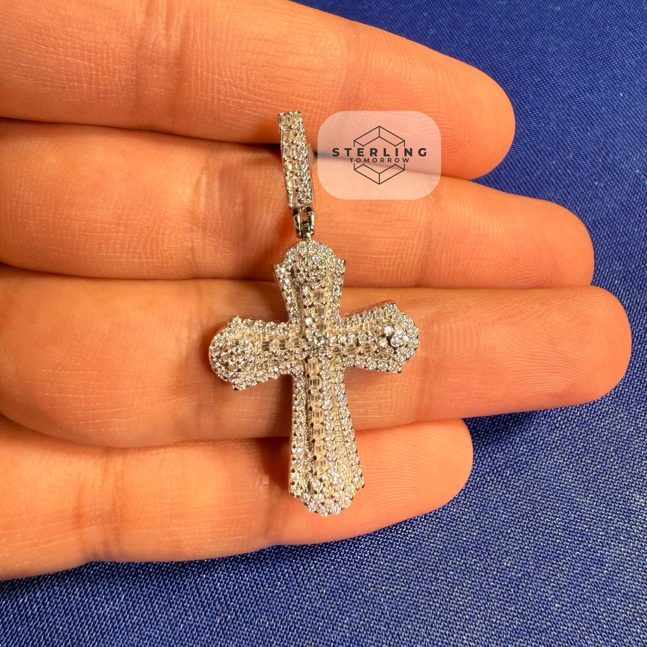 Moissanite VVS Iced Cross Pendant 925 Silver Free Steel Rope Chain Gift Men