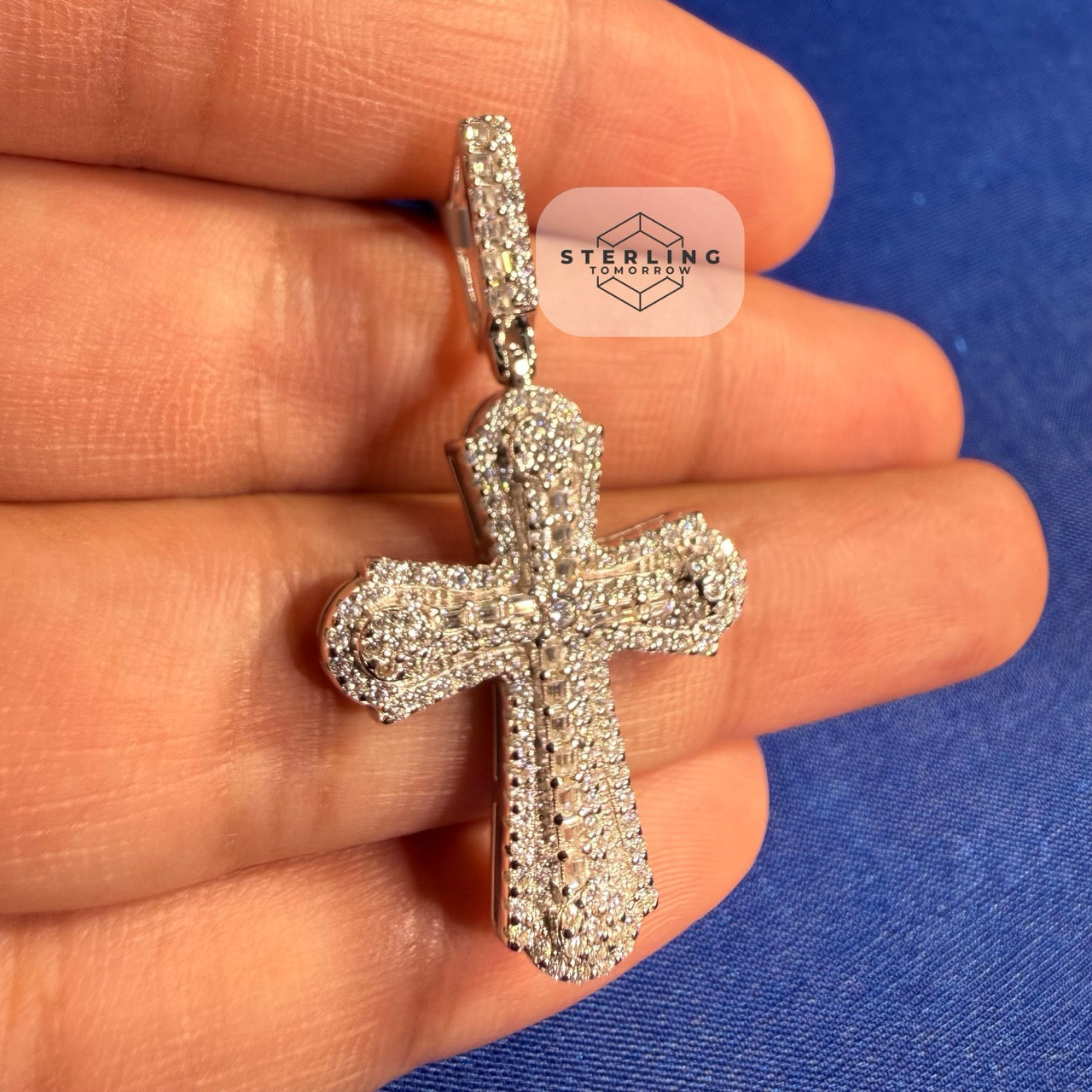 Moissanite VVS Iced Cross Pendant 925 Silver Free Steel Rope Chain Gift Men
