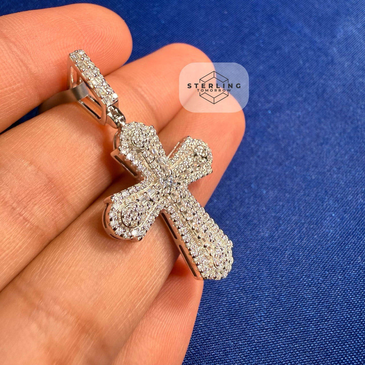 Moissanite VVS Iced Cross Pendant 925 Silver Free Steel Rope Chain Gift Men