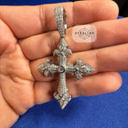 Moissanite VVS Fleur Cross Pendant 925 Silver Iced Out Free Steel Rope Chain