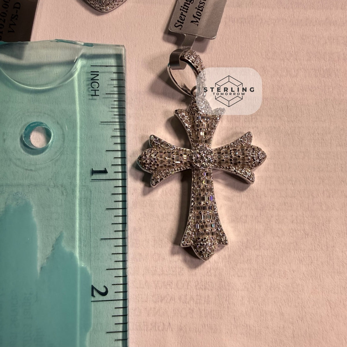 Moissanite Iced Out Chrome Cross Pendant 925 Sterling Silver, Passes Diamond Tester, GRA Certified, Gothic Cross Necklace, Free Steel Rope Chain