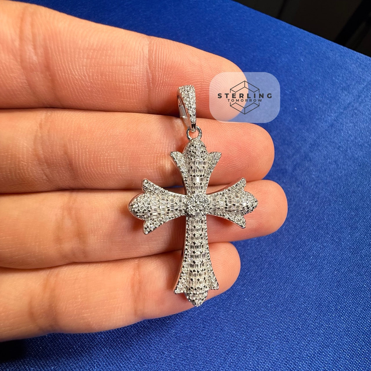 Moissanite VVS Gothic Cross Pendant 925 Silver Iced Out Free Steel Rope Chain