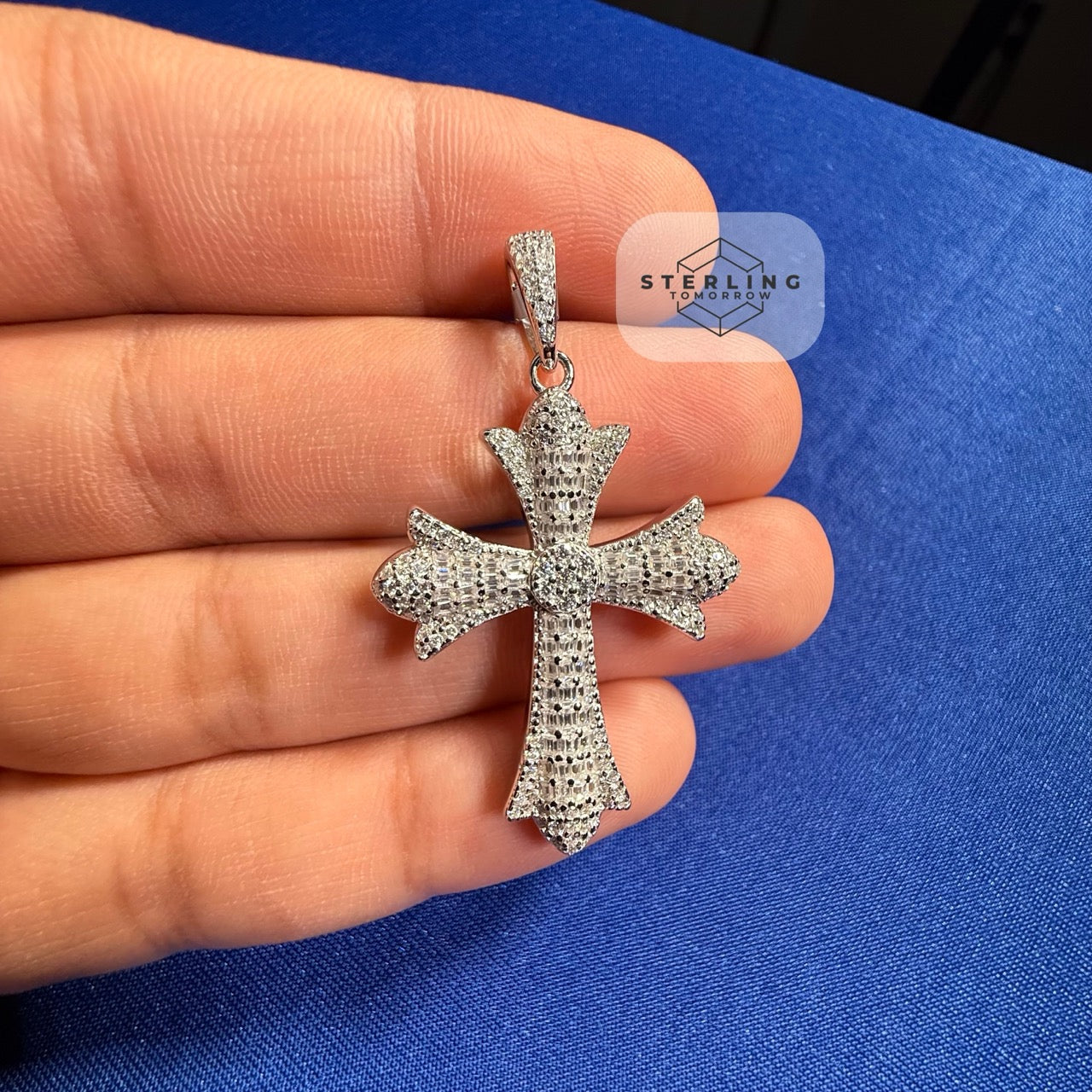 Moissanite VVS Gothic Cross Pendant 925 Silver Iced Out Free Steel Rope Chain