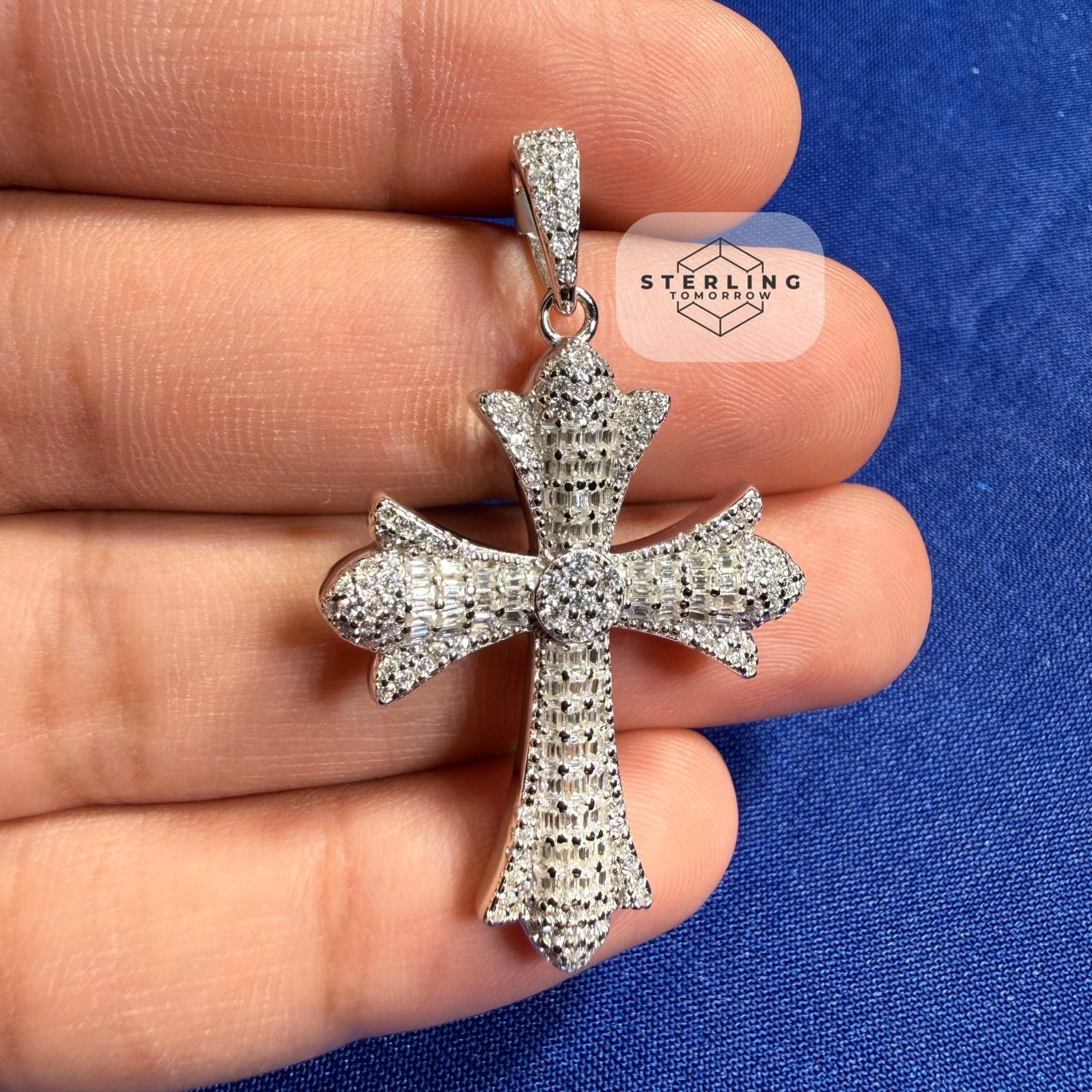 Moissanite VVS Gothic Cross Pendant 925 Silver Iced Out Free Steel Rope Chain