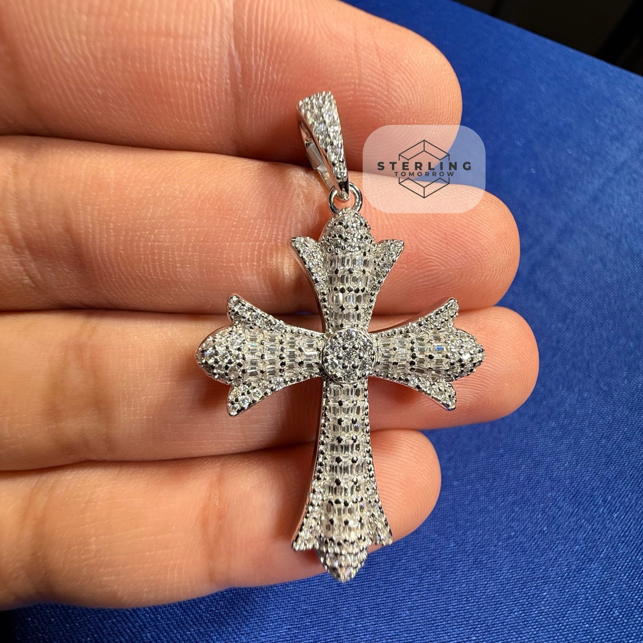Moissanite VVS Gothic Cross Pendant 925 Silver Iced Out Free Steel Rope Chain