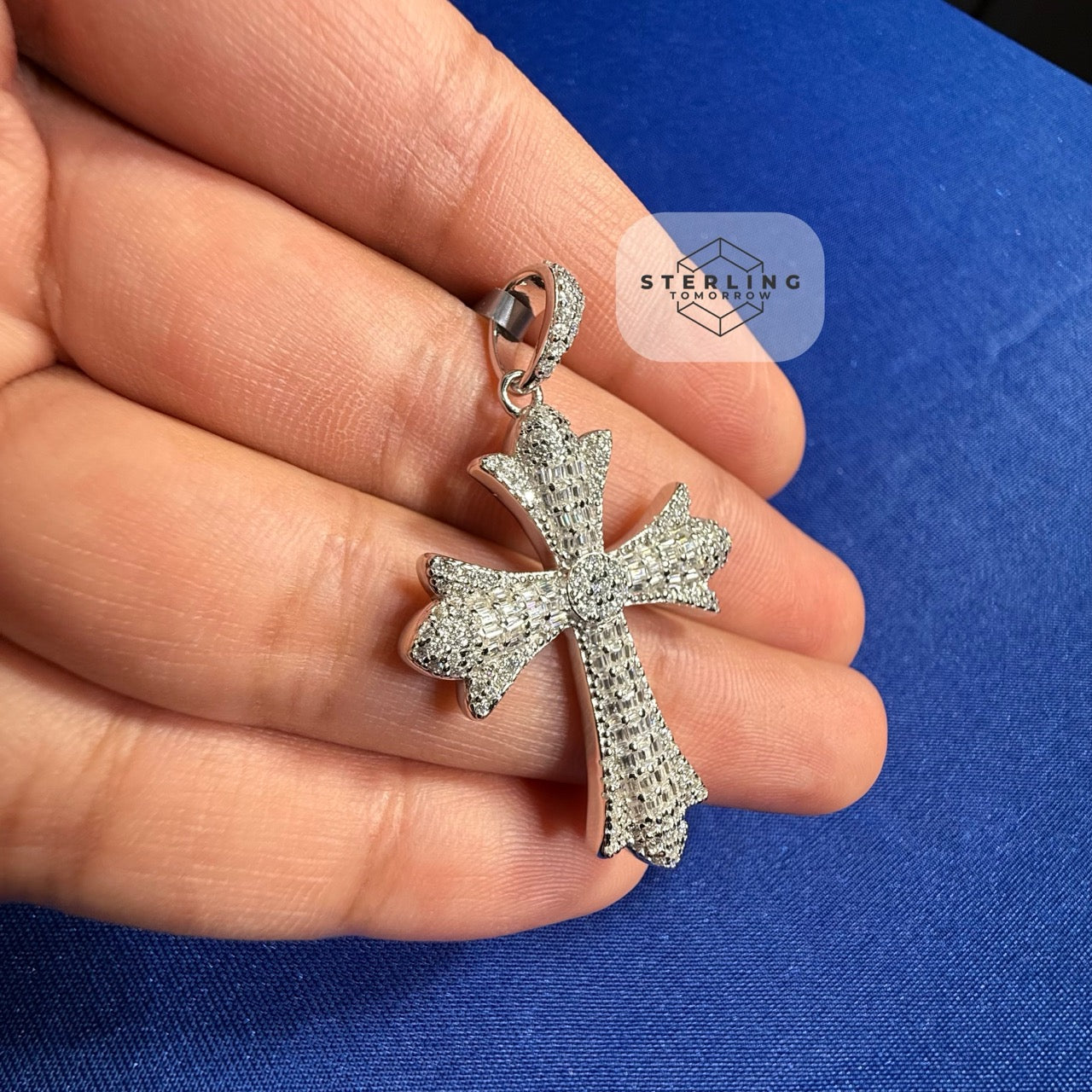 Moissanite VVS Gothic Cross Pendant 925 Silver Iced Out Free Steel Rope Chain