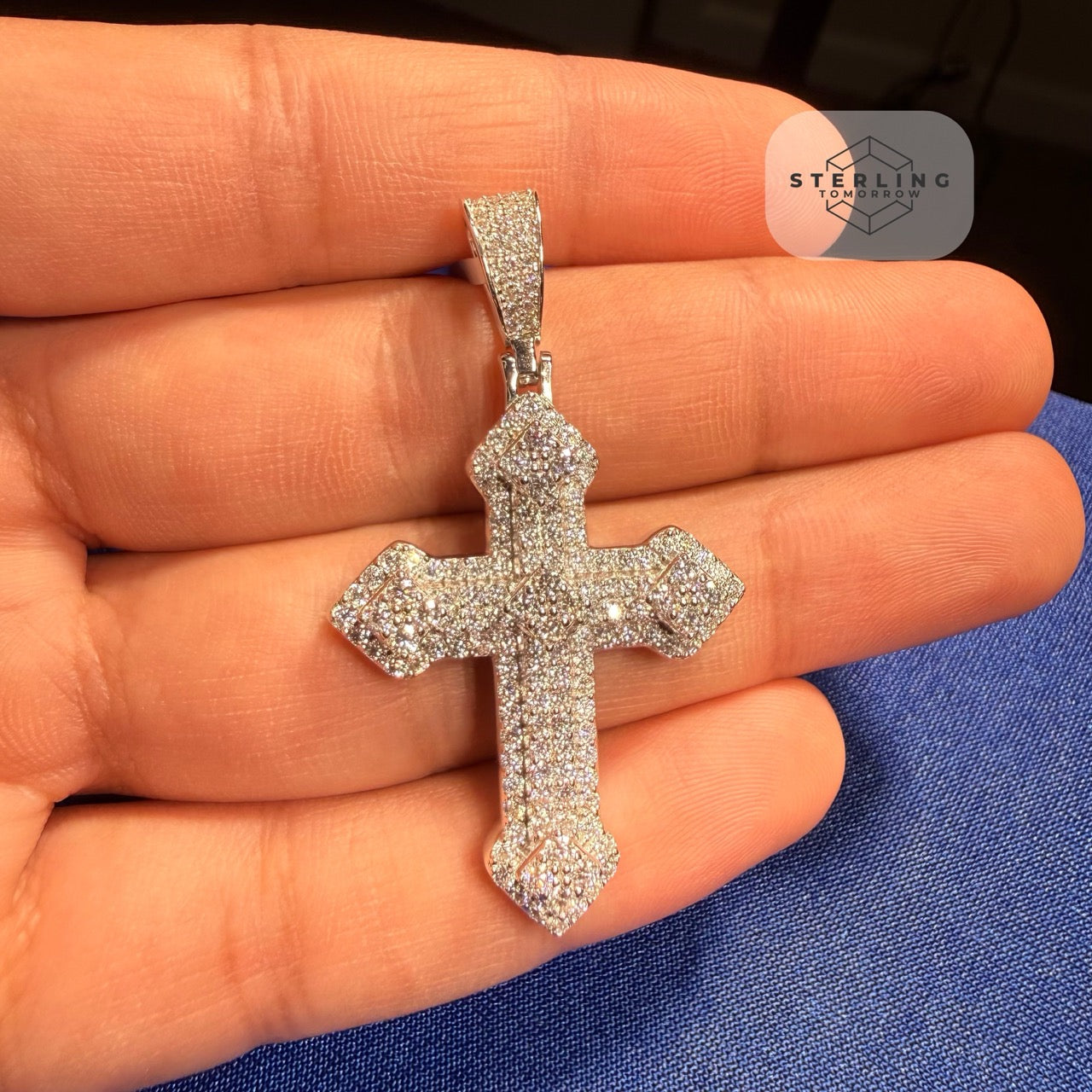 Moissanite VVS Iced Cross Pendant 925 Silver Free Steel Rope Chain Unisex Gift