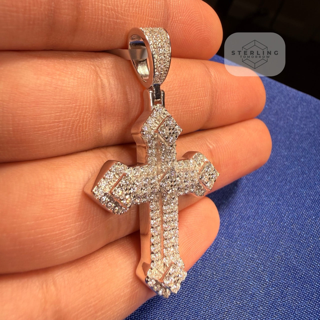 Moissanite VVS Iced Cross Pendant 925 Silver Free Steel Rope Chain Unisex Gift