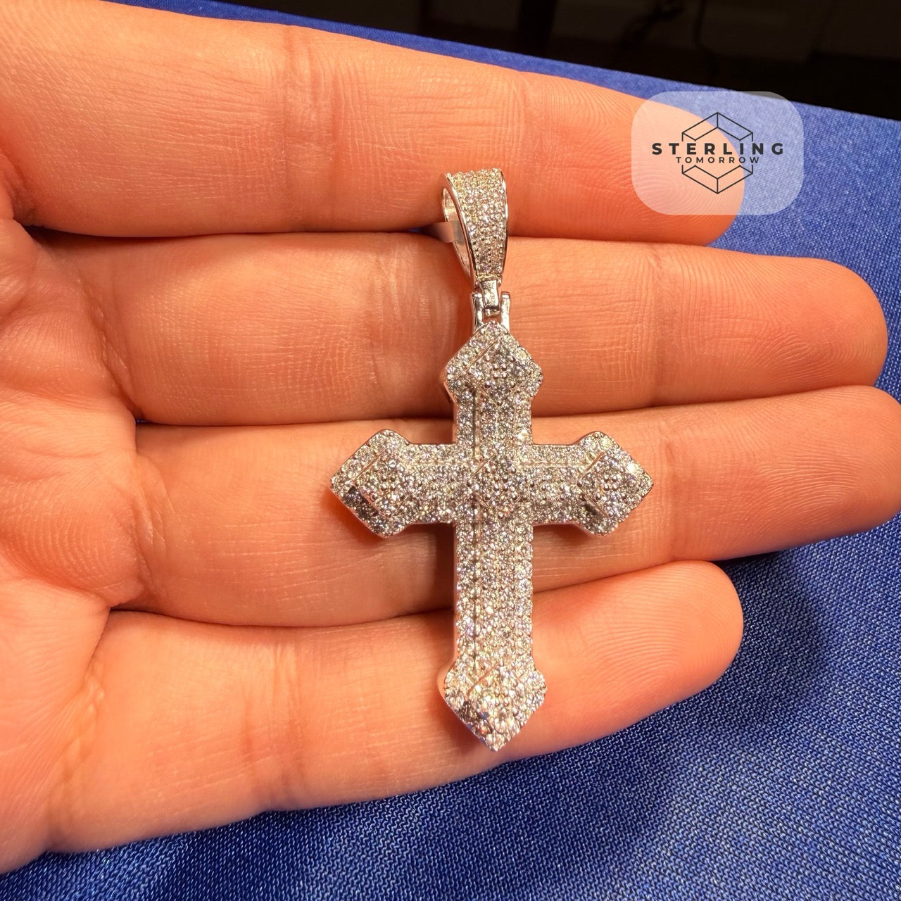 Moissanite VVS Iced Cross Pendant 925 Silver Free Steel Rope Chain Unisex Gift