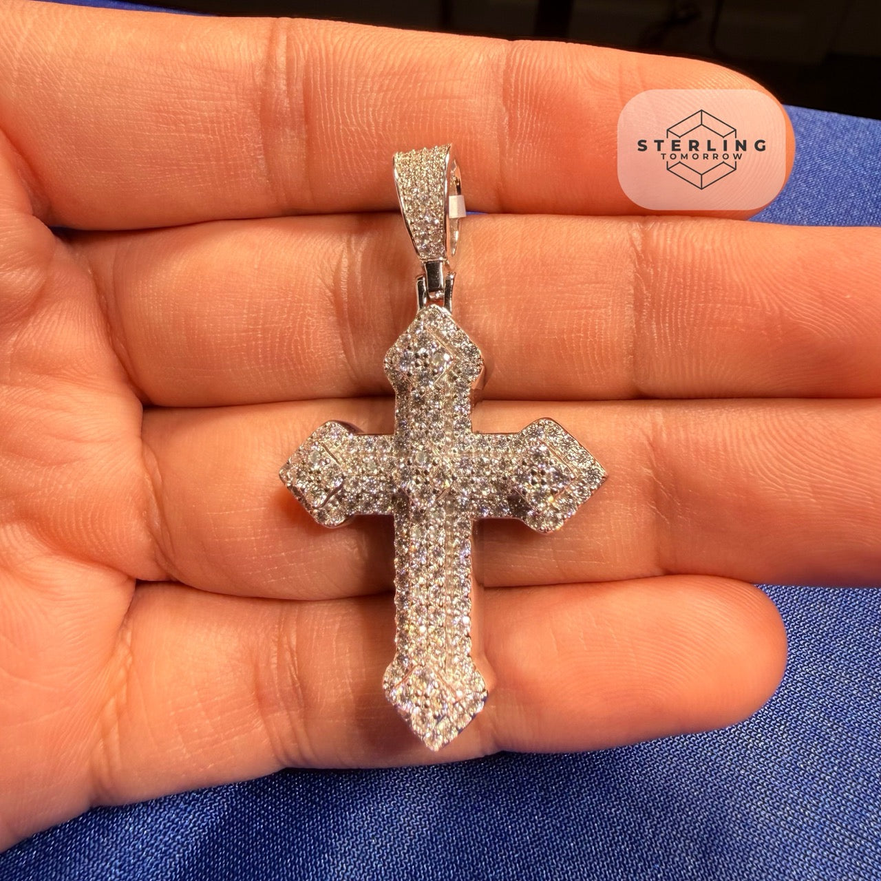Moissanite VVS Iced Cross Pendant 925 Silver Free Steel Rope Chain Unisex Gift