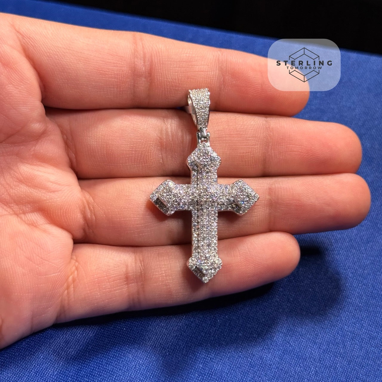 Moissanite VVS Iced Cross Pendant 925 Silver Free Steel Rope Chain Unisex Gift